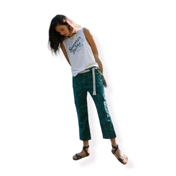 Anthropologie Austin Cargo Crop Pants Womens Teal Camouflage Stretch Twill Sz 27 - Picture 2 of 12